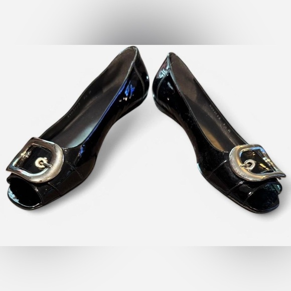 Stuart Weitzman Black Patent Leather Silver Buckle Peep-Toe Flats - Picture 6 of 9